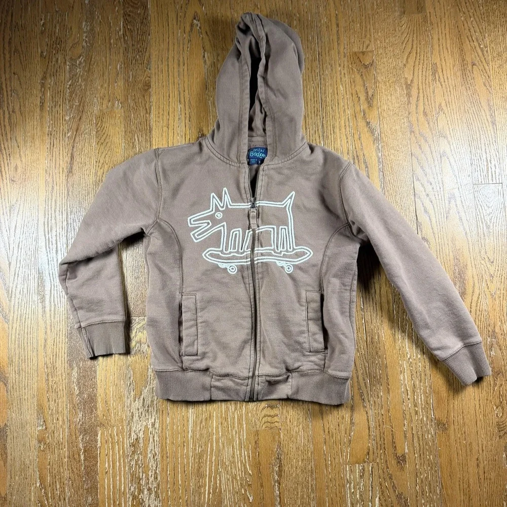 Mini Boden Hoodie Kids 9-10Y Brown Dog Graphic Full Zip Fleece Sweatshirt‎